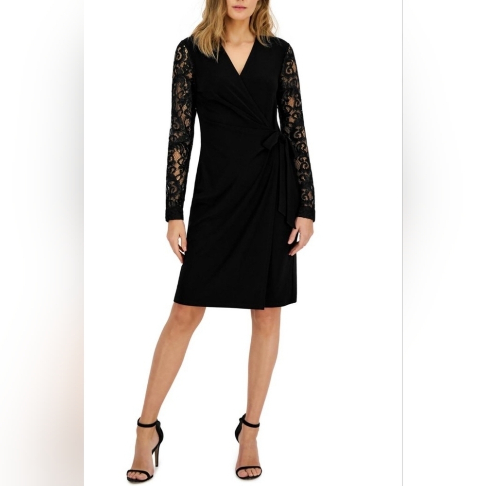 Anne Klein Womens Black Knit Lace Sleeves Midi Cocktail and Party Dress EUC